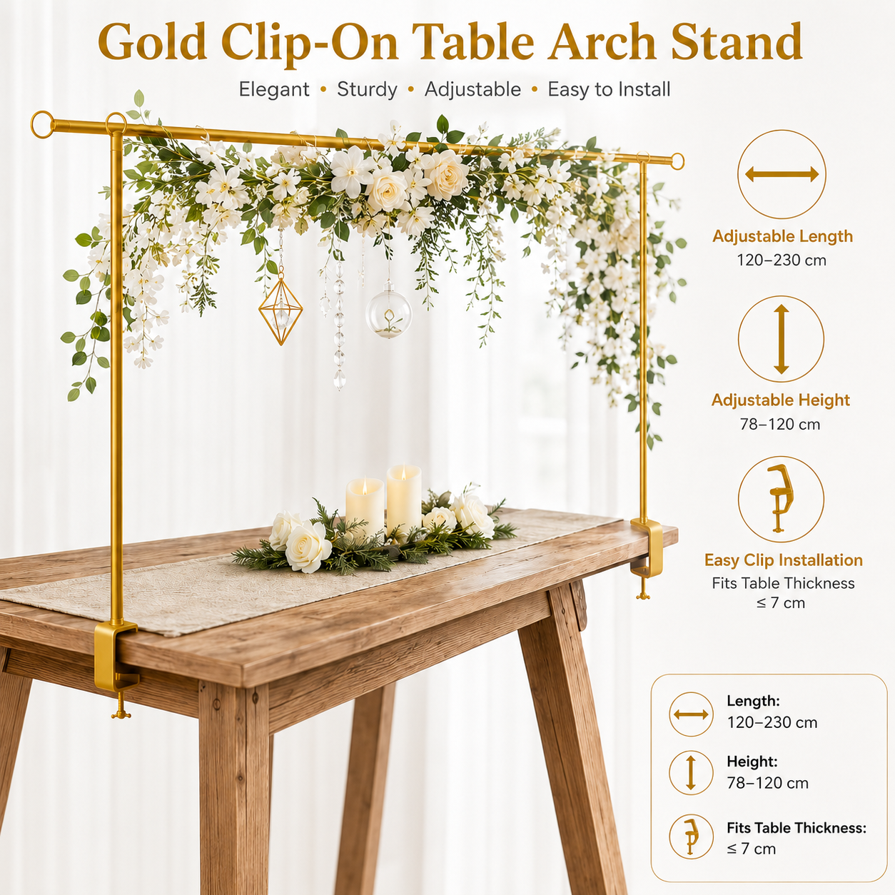 Gold Iron Over Table Arch Display Stand with Fixed Clamps and Buckles for
