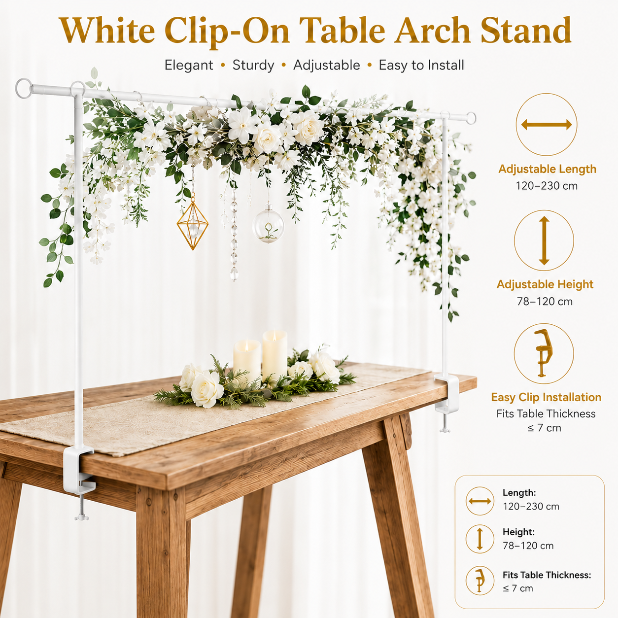 White Iron Over Table Arch Display Stand with Fixed Clamps and Buckles for