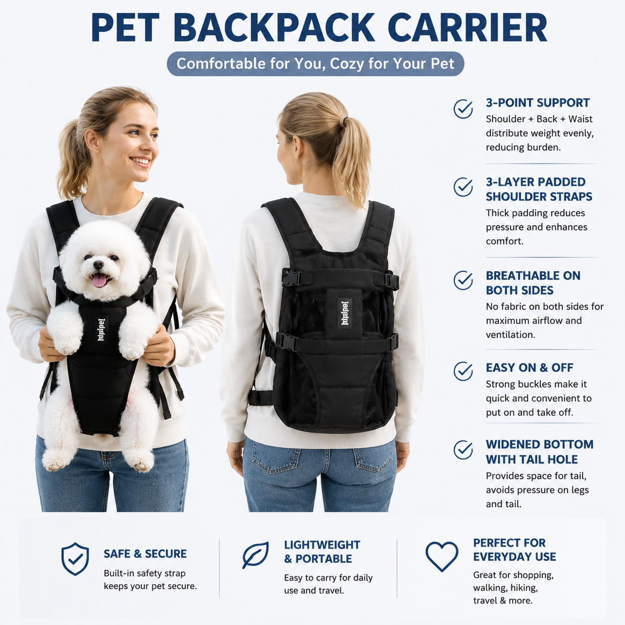 Black Hands Free Adjustable Dog Carrier Backpack with 3-Point Support — image 1