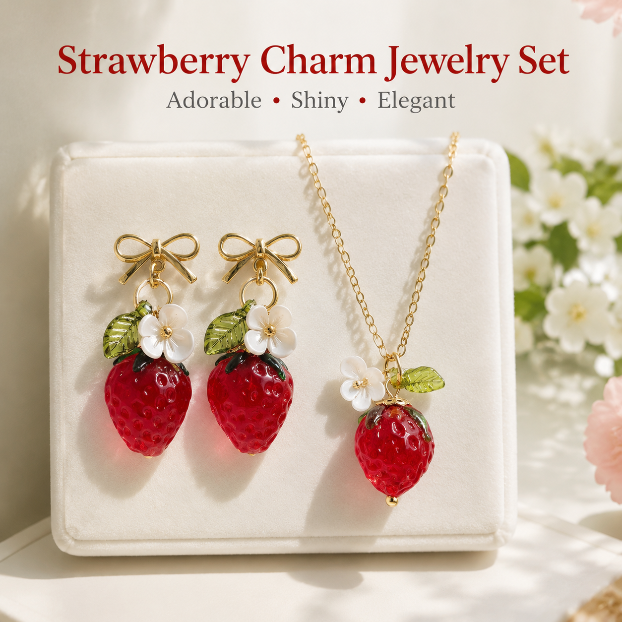 Cute Crystal Strawberry Pendant Jewelry Set for Women with Flower Berries