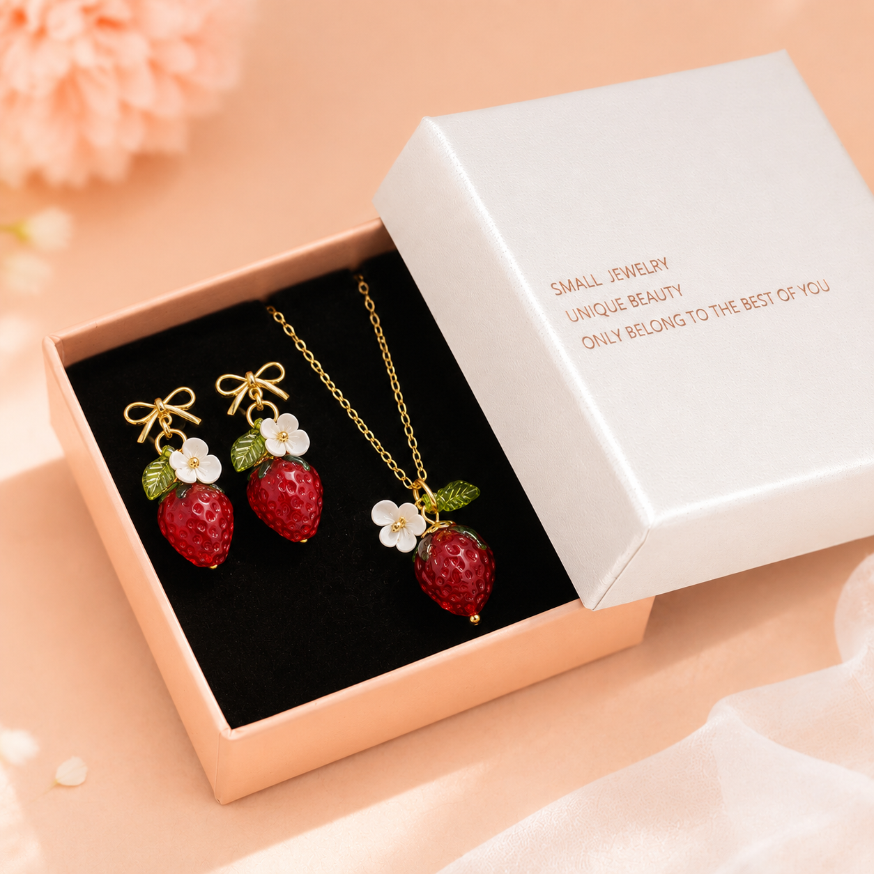 Cute Crystal Strawberry Pendant Jewelry Set for Women with Flower Berries view 2