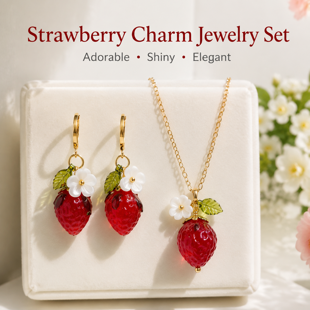 Cute Crystal Strawberry Pendant Jewelry Set for Women with Flower Berries