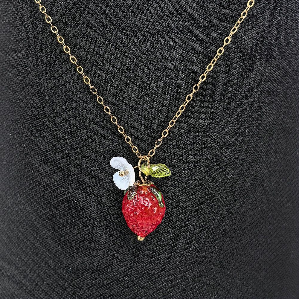 Cute Crystal Strawberry Pendant Jewelry Set for Women with Flower Berries view 4