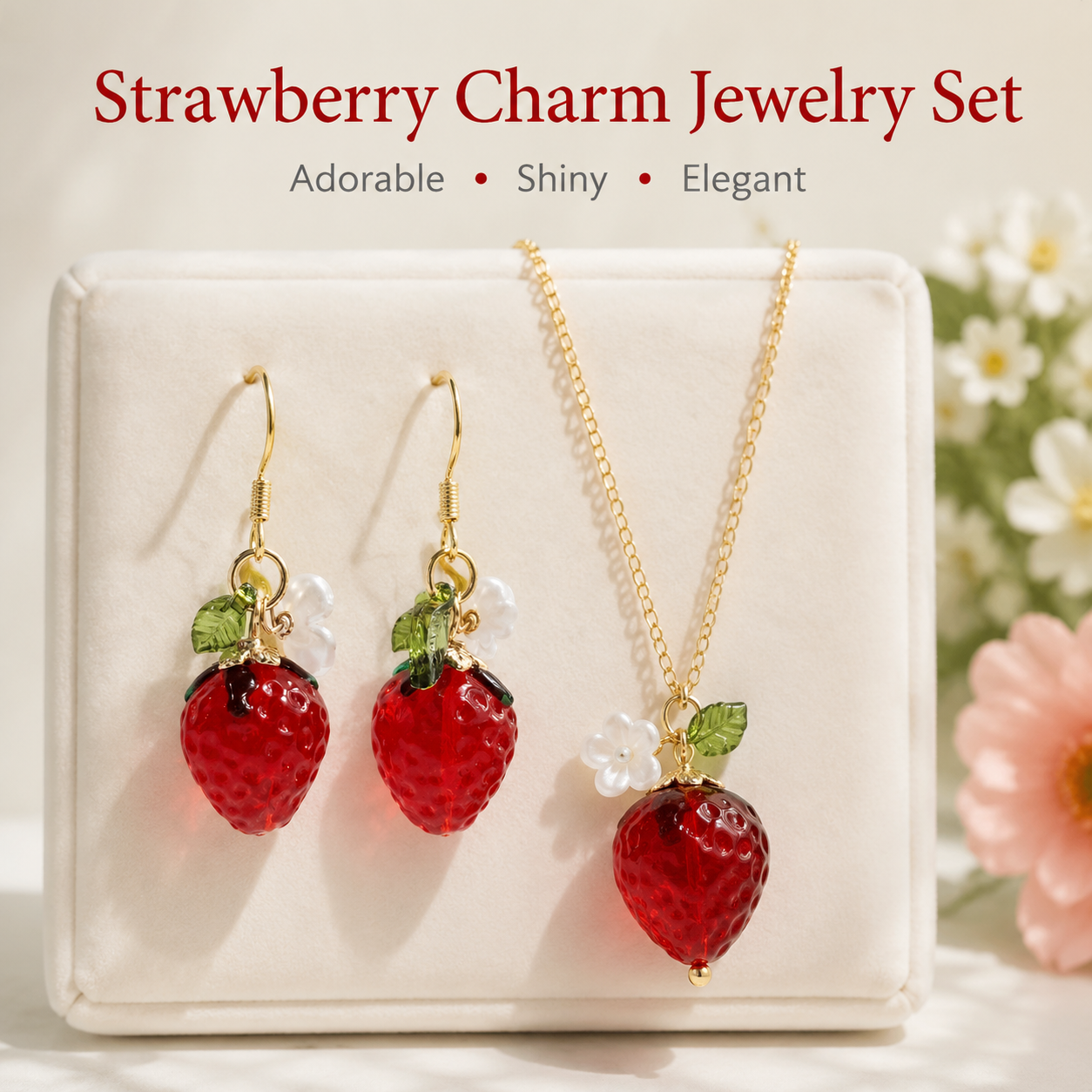 Cute Crystal Strawberry Pendant Jewelry Set for Women with Flower Berries