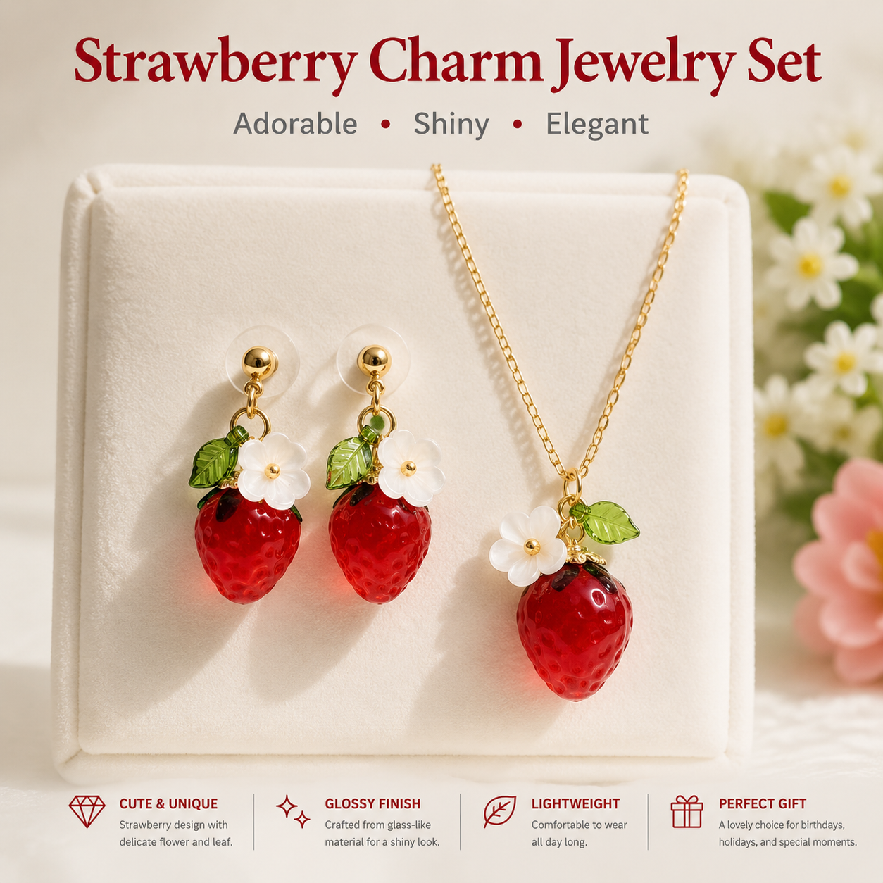 Cute Crystal Strawberry Pendant Jewelry Set for Women with Flower Berries