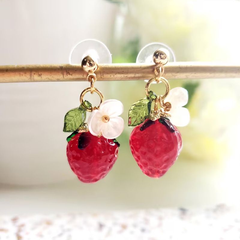 Cute Crystal Strawberry Pendant Jewelry Set for Women with Flower Berries view 2