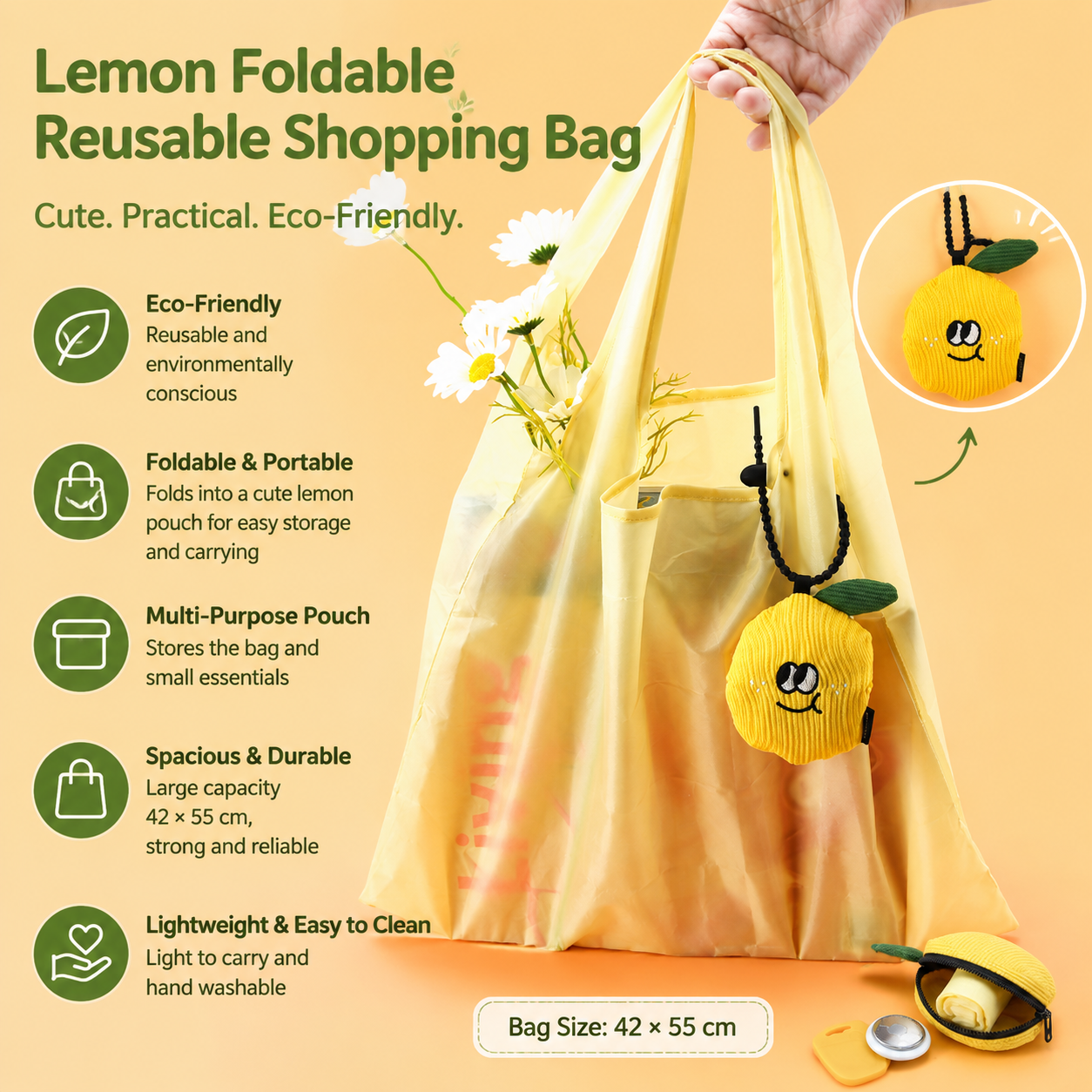 Portable Cute Lemon Corduroy Storage Pouch with Zipper and Hidden Folding