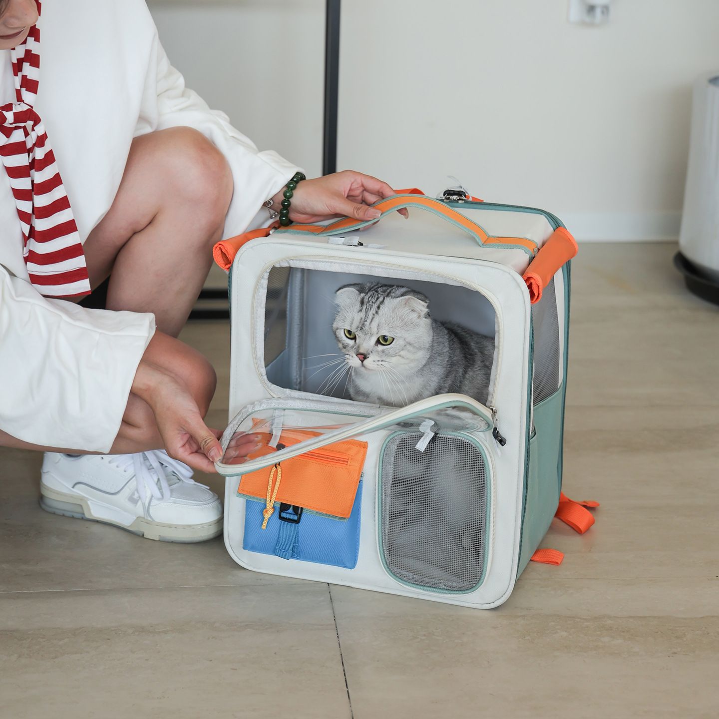 Brown and Grey Large Space Pet Carrier Trolley – Foldable Cat Carrier Backpack view 2