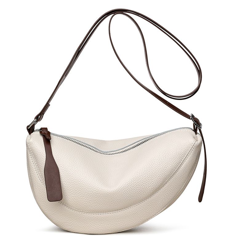 White Stylish Genuine Leather Crescent Shape Shoulder Bag for Women – Compact