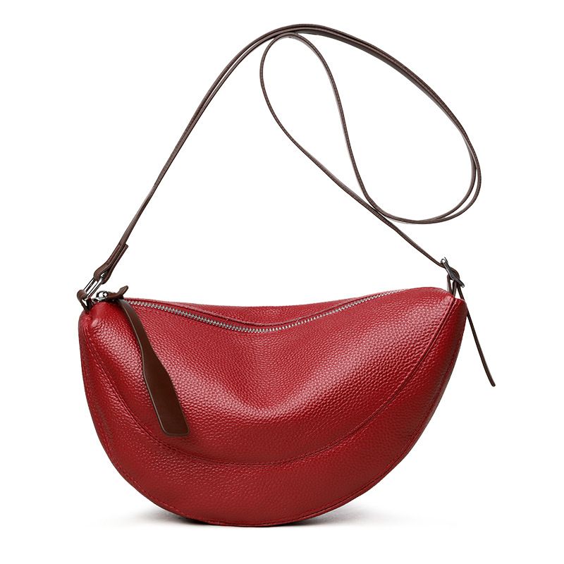 Red Stylish Genuine Leather Crescent Shape Shoulder Bag for Women – Compact