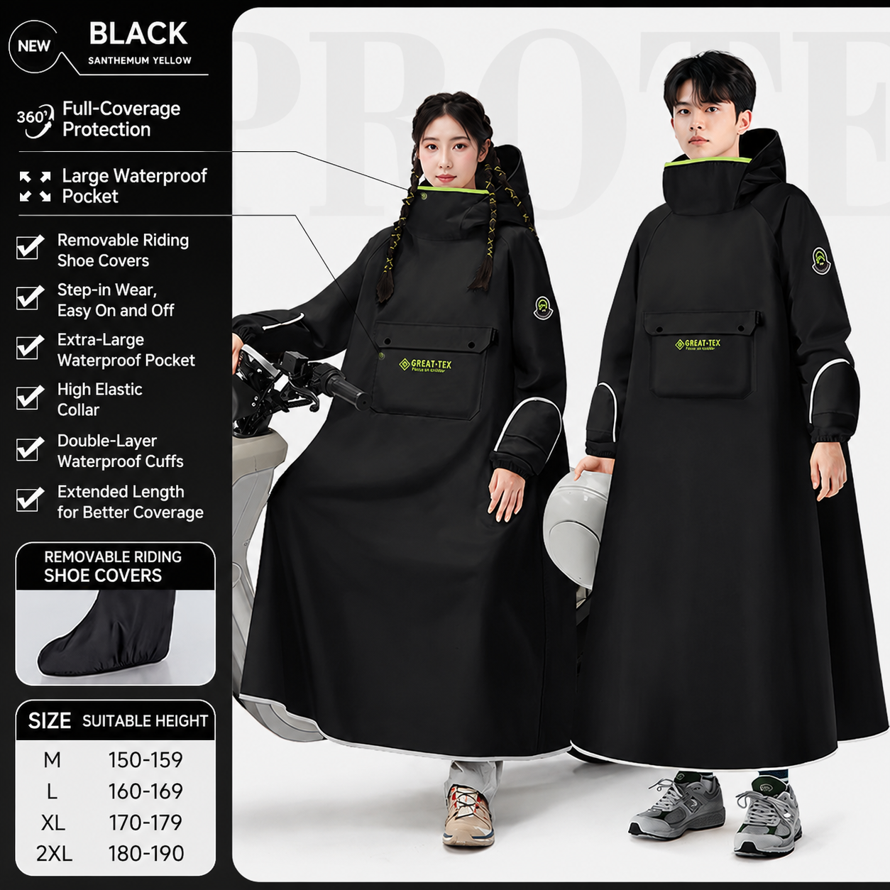 Black Full Coverage & Extended Cycling Hooded Rain Poncho with Detachable Shoe