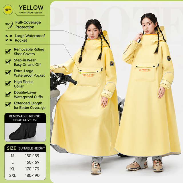 Yellow Full Coverage & Extended Cycling Hooded Rain Poncho with Detachable