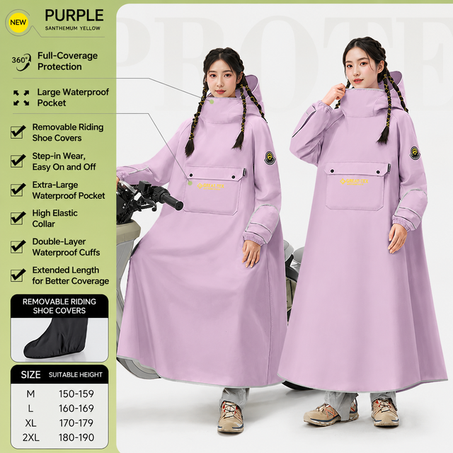 Purple Full Coverage & Extended Cycling Hooded Rain Poncho with Detachable