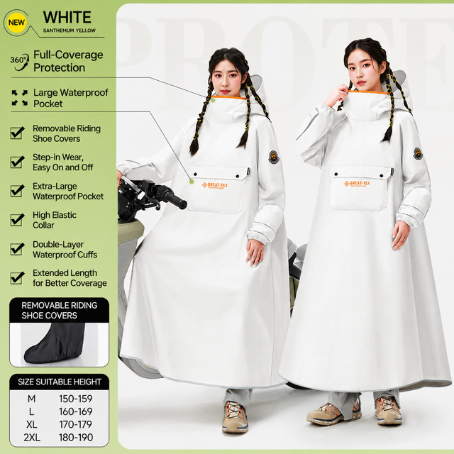 White Full Coverage & Extended Cycling Hooded Rain Poncho with Detachable Shoe