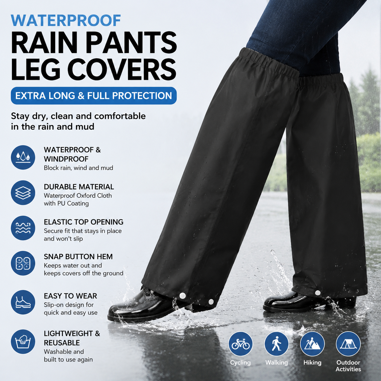 Black Waterproof Rain Leg Covers and Long Half Rain Pants