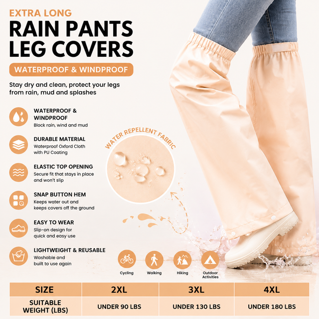 Beige Waterproof Rain Leg Covers and Long Half Rain Pants
