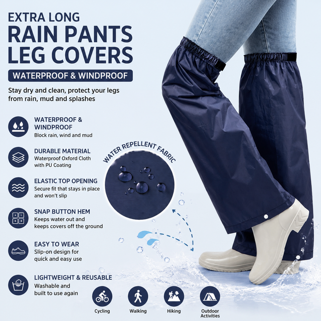 Navy Blue Waterproof Rain Leg Covers and Long Half Rain Pants