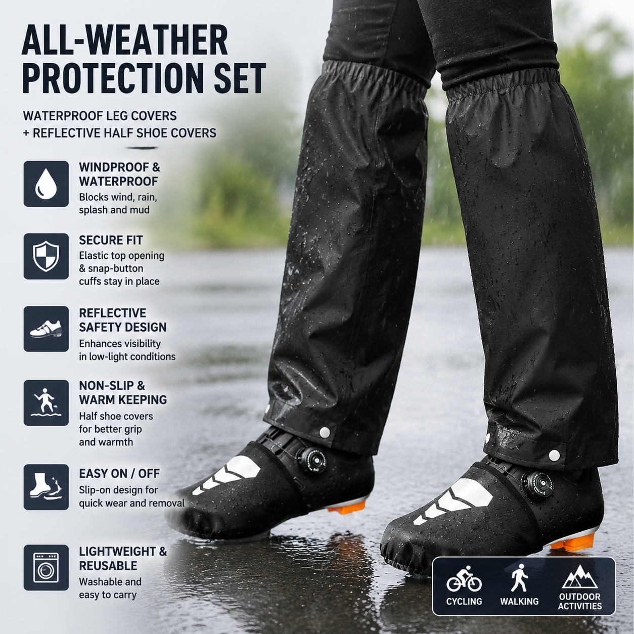 Black Waterproof Rain Leg Covers and Long Half Rain Pants