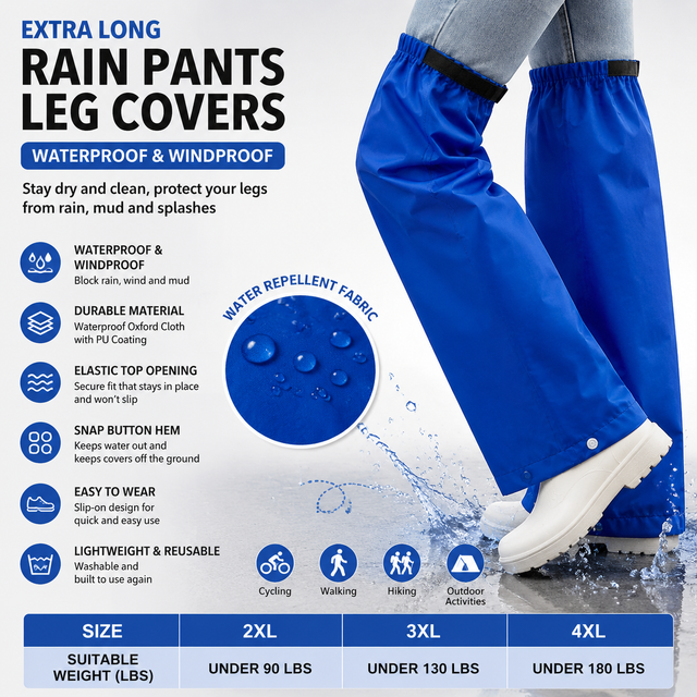 Royal Blue Waterproof Rain Leg Covers and Long Half Rain Pants