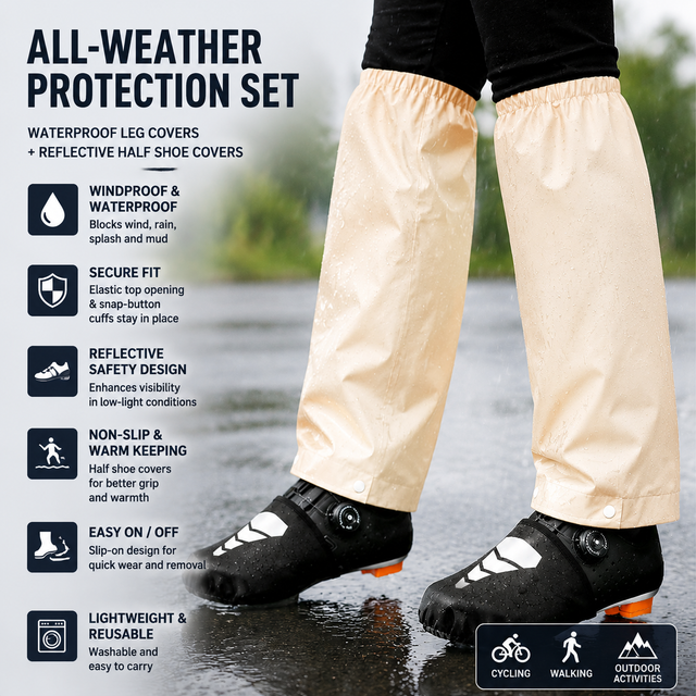 Beige Waterproof Windproof Cycling Shoe Covers & Long Half Rain Pants Set – 2