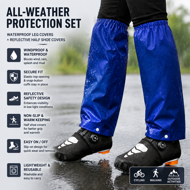 Royal Blue Waterproof Windproof Cycling Shoe Covers & Long Half Rain Pants Set