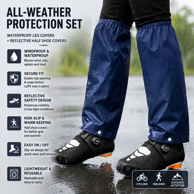 Navy Blue Waterproof Windproof Cycling Shoe Covers & Long Half Rain Pants Set