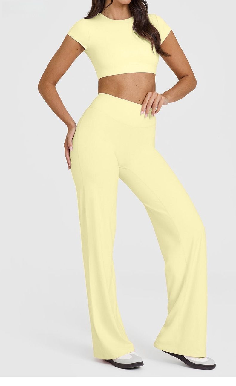 S Size Yellow High Waisted Flare Yoga Pants for Women - M-Shaped Peach Hip view 2