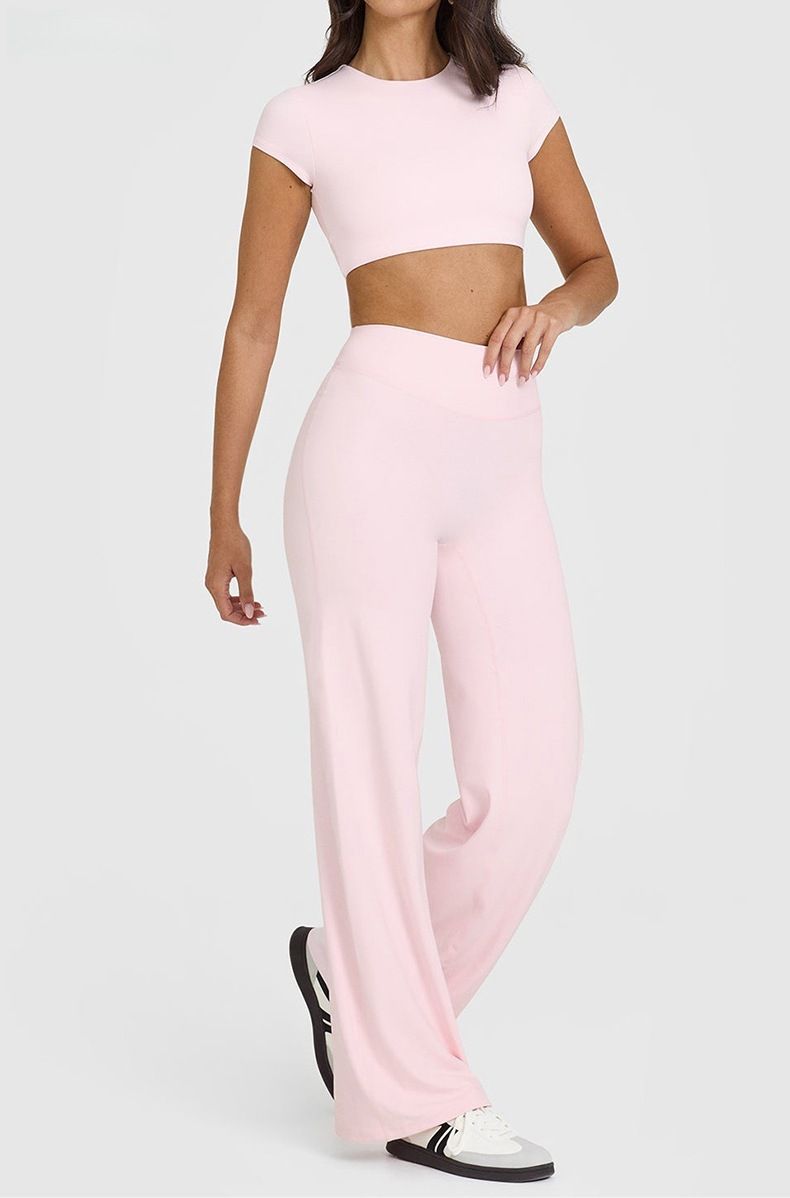 XL Size Pink High Waisted Flare Yoga Pants for Women - M-Shaped Peach Hip view 2