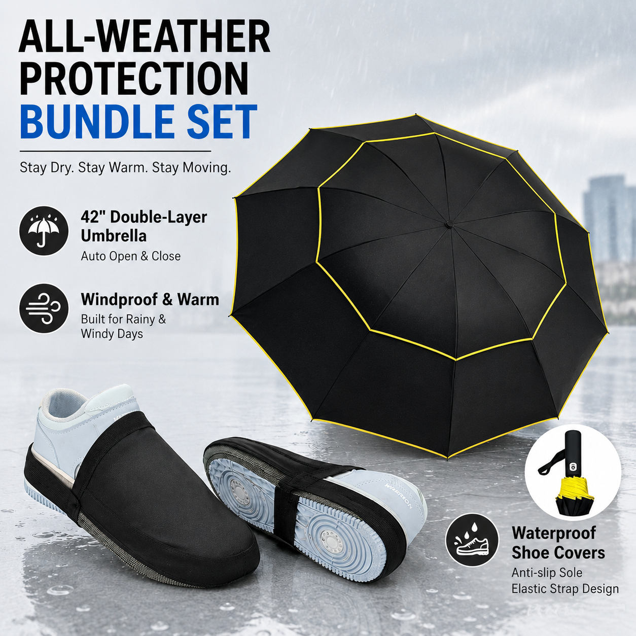Black Compact 3-Fold Automatic Golf Umbrella (Dia 42 Inch) + Waterproof