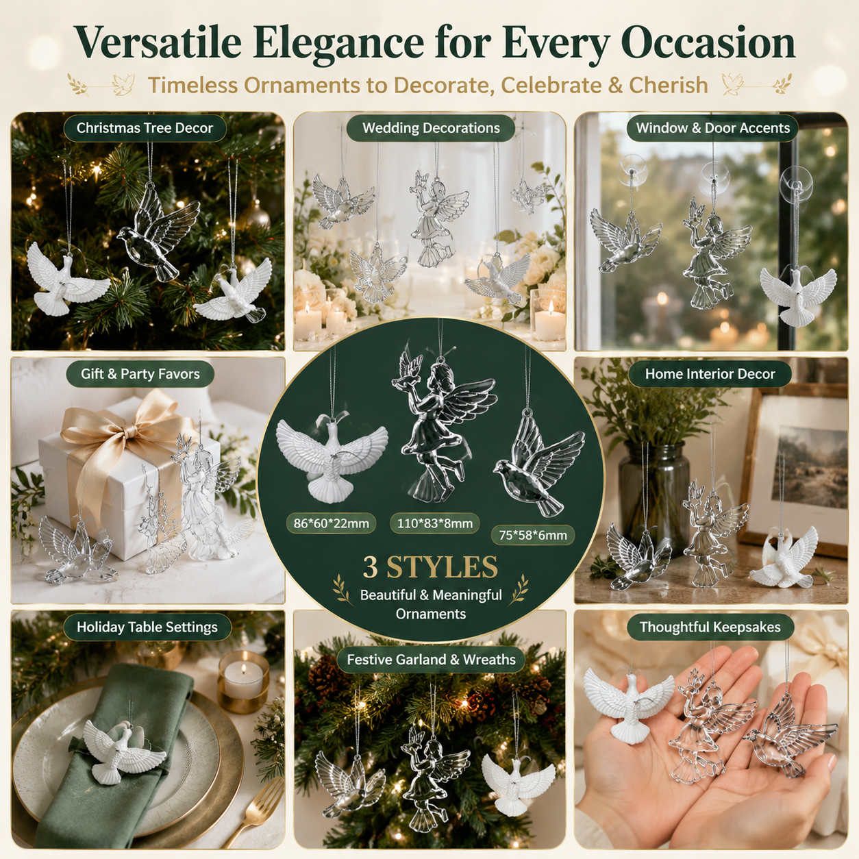 Crystal Dove and Fairy Christmas Ornament Set (20 PCS) – Elegant Peace Dove view 2