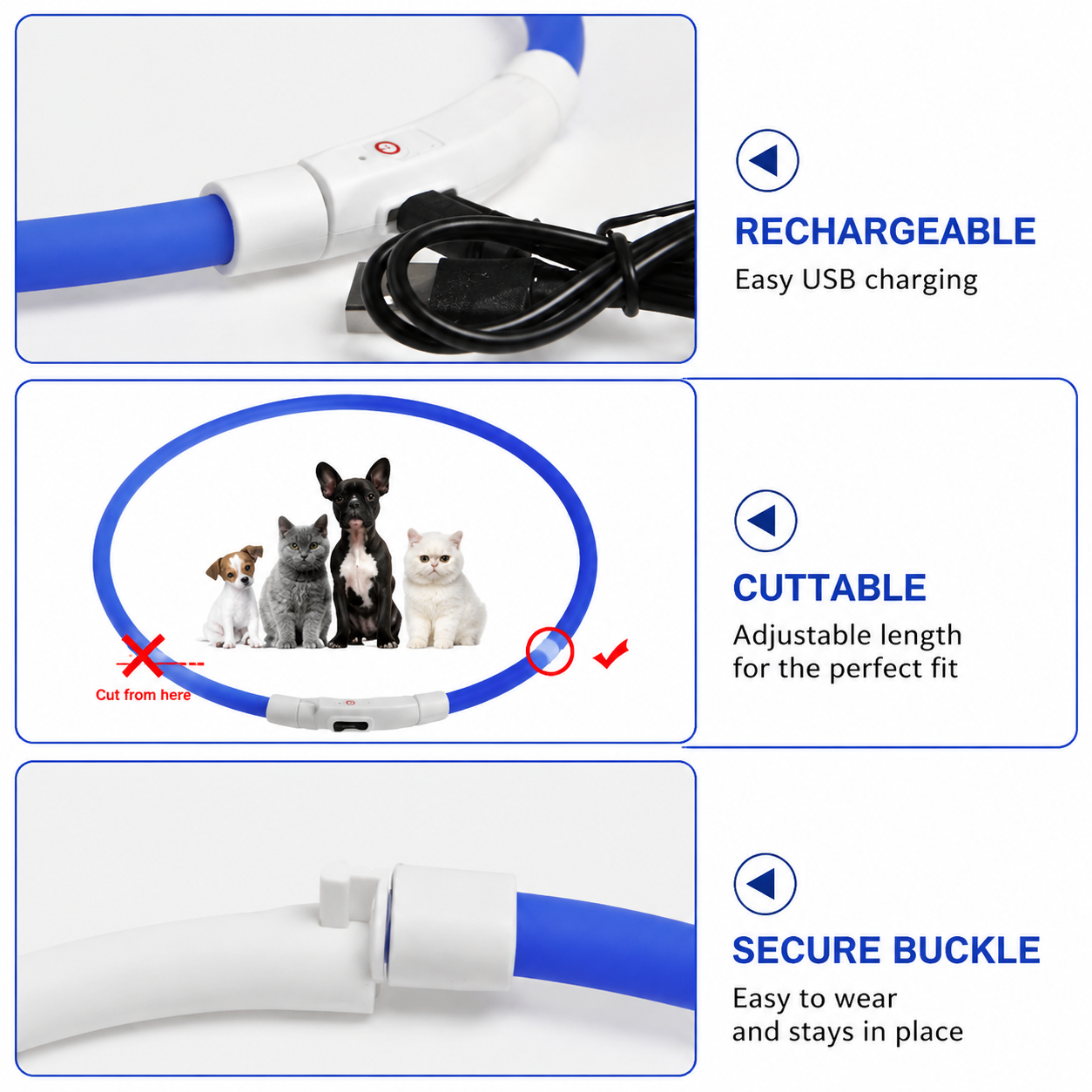 3PCS Blue USB Rechargeable LED Pet Collar Set – 70cm Cuttable Silicone Glow view 3