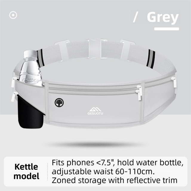 Grey Breathable & Waterproof Lycra Running Waist Bag for Kettle & 7.5" Phone