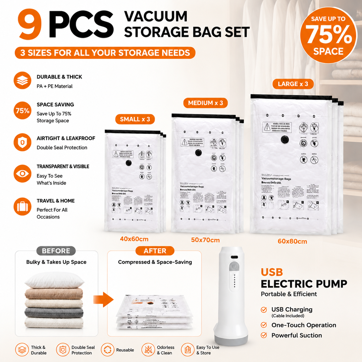 12-Piece Vacuum Storage Bags Set with USB Electric Pump – Thickened PA+PE