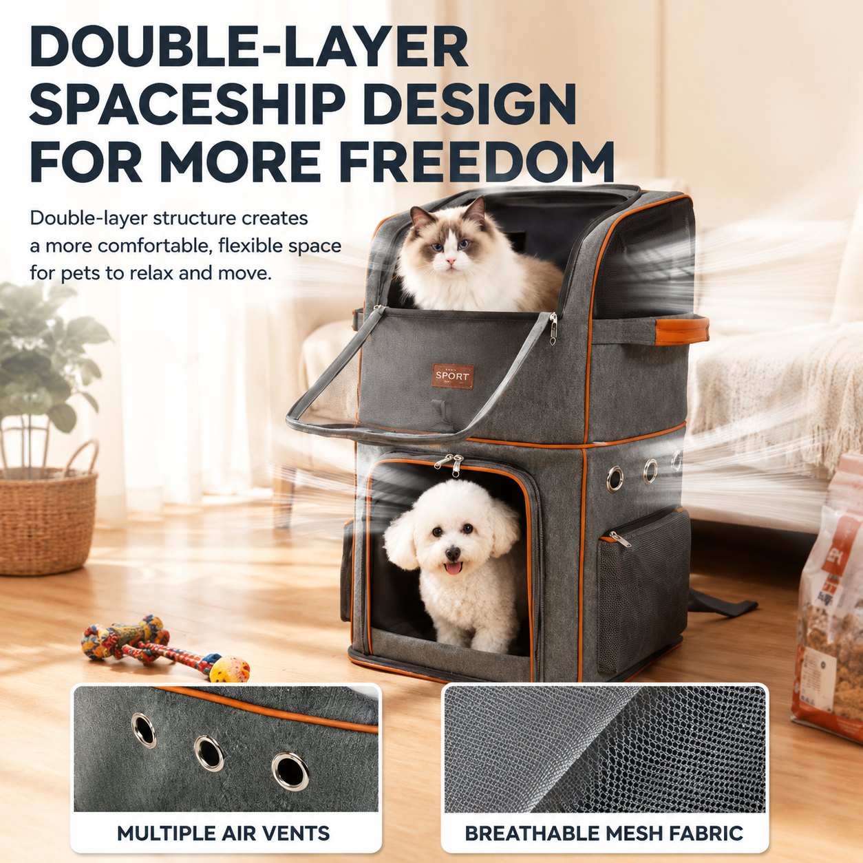 Grey Double Layer Pet Backpack and Trolley Carrier - Foldable Large Capacity view 3