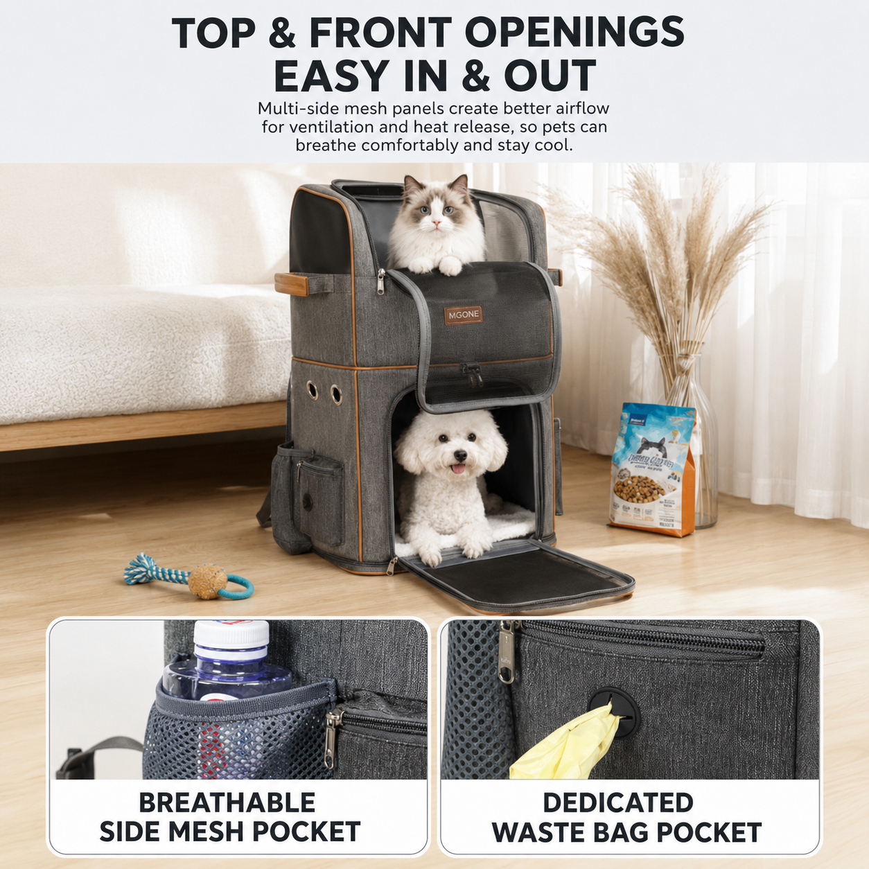 Grey Double Layer Pet Backpack and Trolley Carrier - Foldable Large Capacity view 4