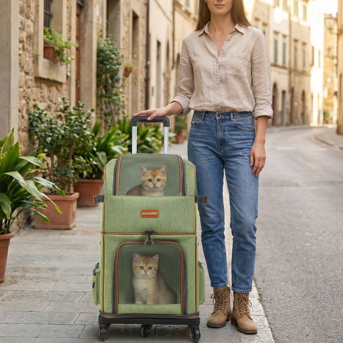 Green Double Layer Pet Backpack and Trolley Carrier - Foldable Large Capacity