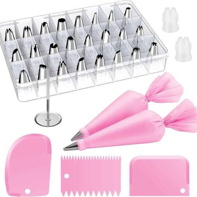 32-Piece Pink Cake Decorating Kit with 24 Numbered Icing Piping Tips