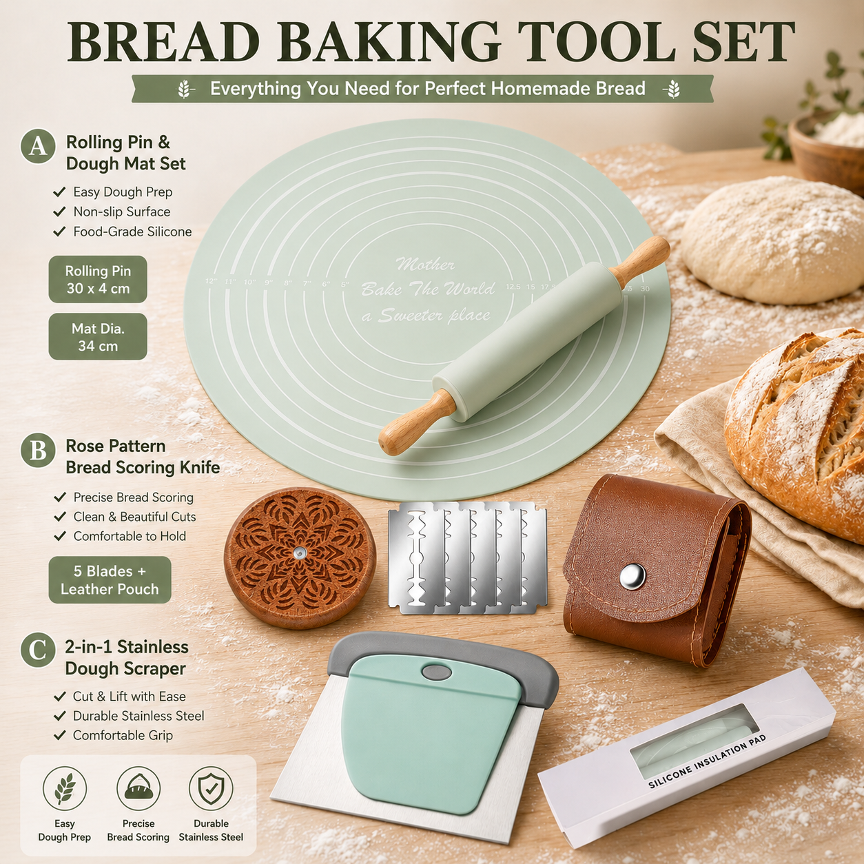 Mint Green Bread Baking Tool Set with Silicone Dough Mat + Rolling Pin
