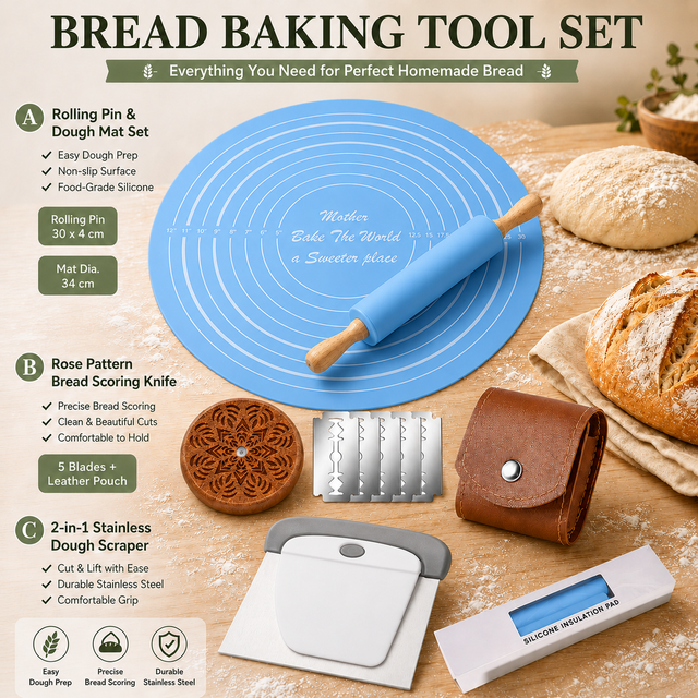 Blue Bread Baking Tool Set with Silicone Dough Mat + Rolling Pin