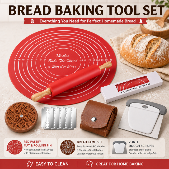 Red Bread Baking Tool Set with Silicone Dough Mat + Rolling Pin