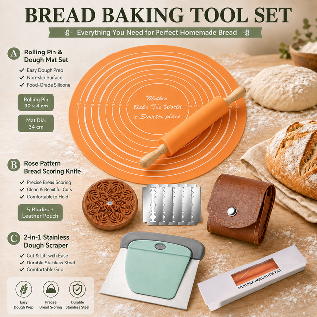 Orange Bread Baking Tool Set with Silicone Dough Mat + Rolling Pin