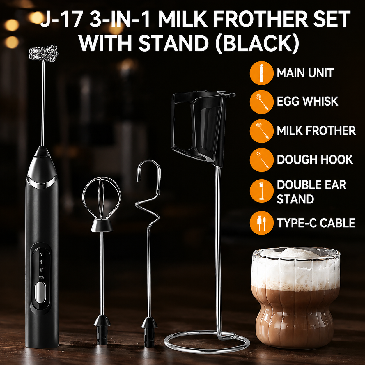 J-17 Black Wireless Handheld Electric Milk Frother