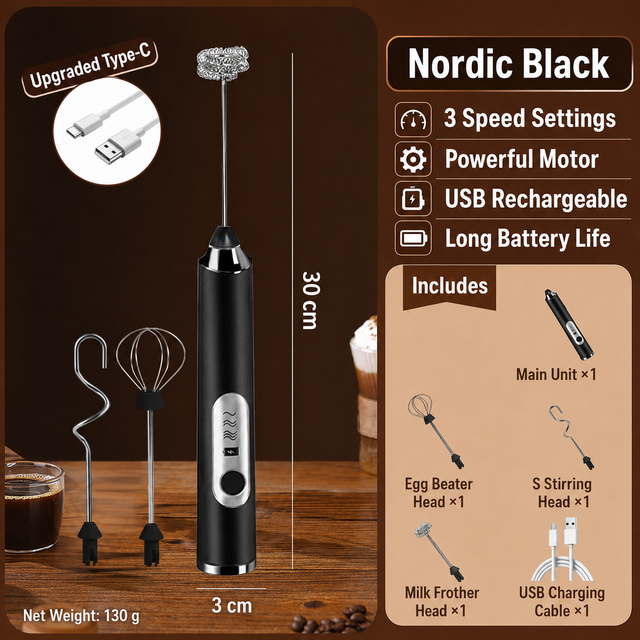 J-3 Black Wireless Handheld Electric Milk Frother