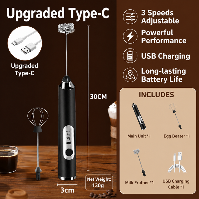 J-3 Black Wireless Handheld Electric Milk Frother