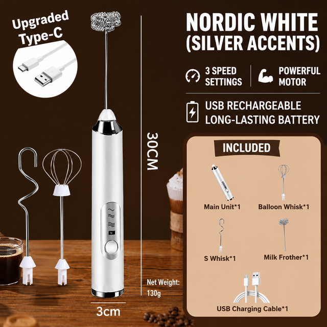 J-3 White Wireless Handheld Electric Milk Frother
