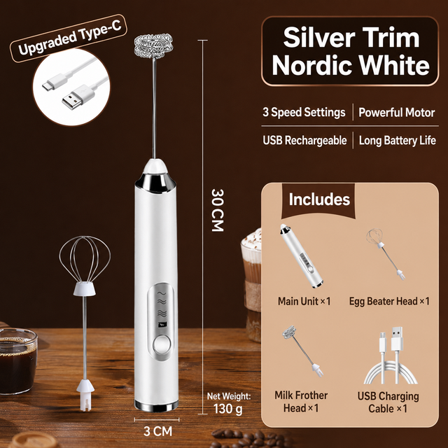 J-3 White Wireless Handheld Electric Milk Frother