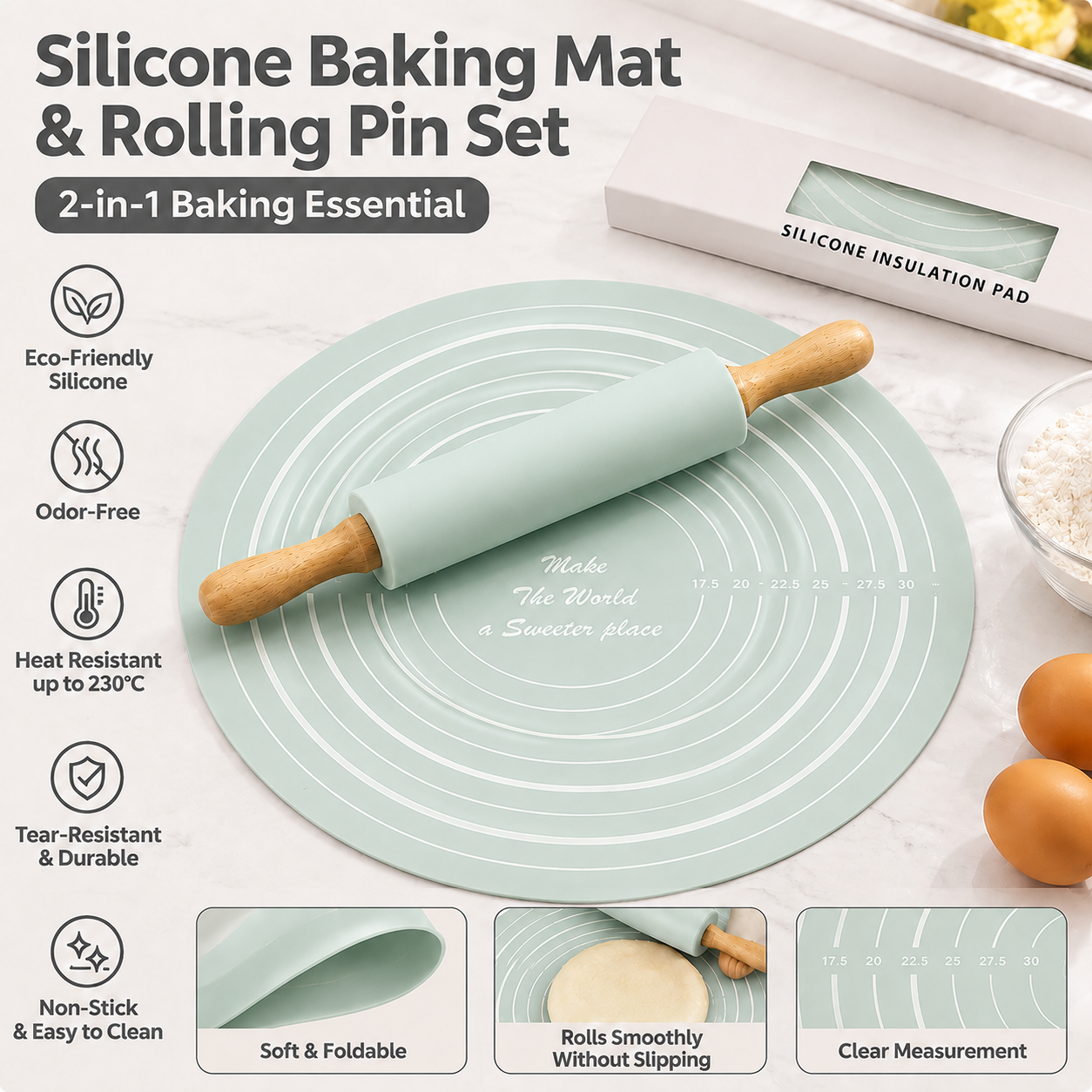 2PCS Mint Green Nonstick Silicone Dough Mat and Rolling Pin - Non Slip Baking