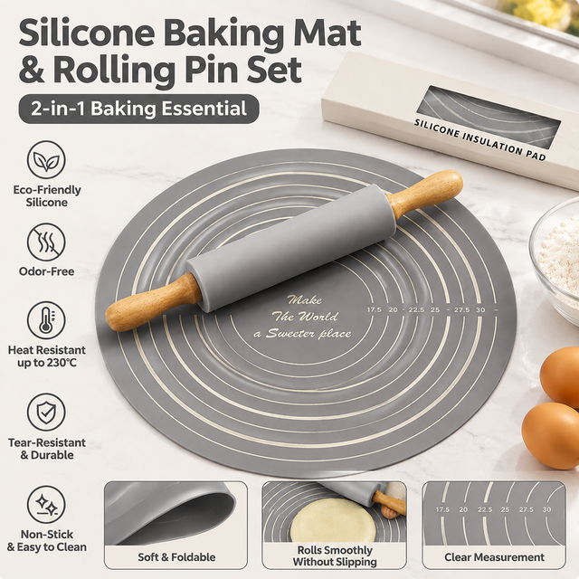 2PCS Grey Nonstick Silicone Dough Mat and Rolling Pin - Non Slip Baking