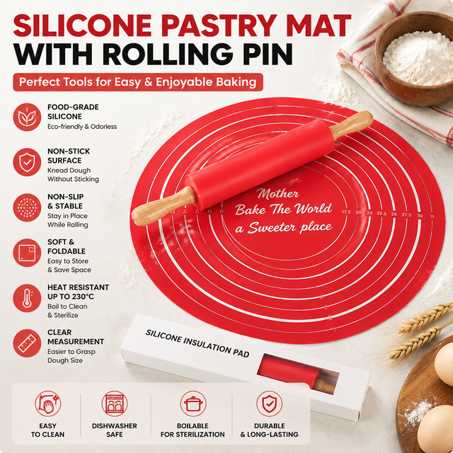 2PCS Red Nonstick Silicone Dough Mat and Rolling Pin - Non Slip Baking