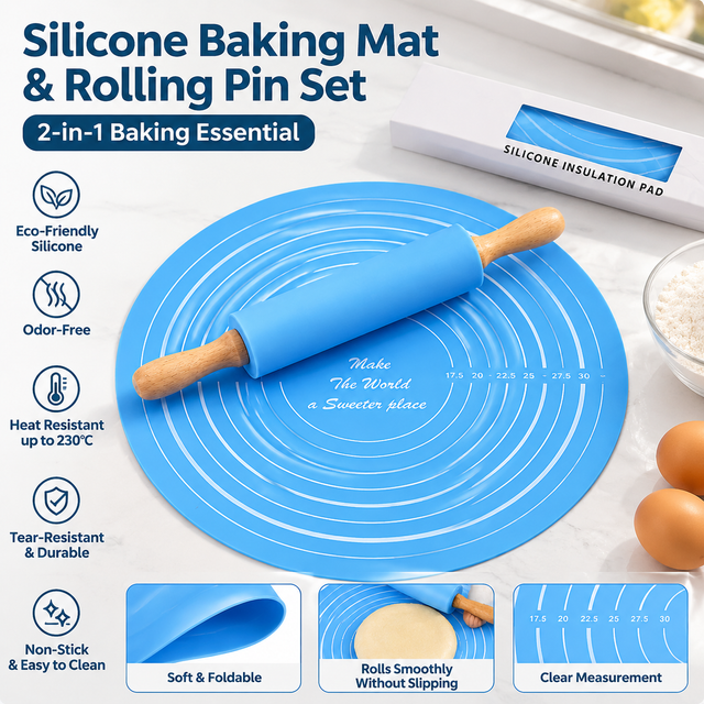 2PCS Blue Nonstick Silicone Dough Mat and Rolling Pin - Non Slip Baking